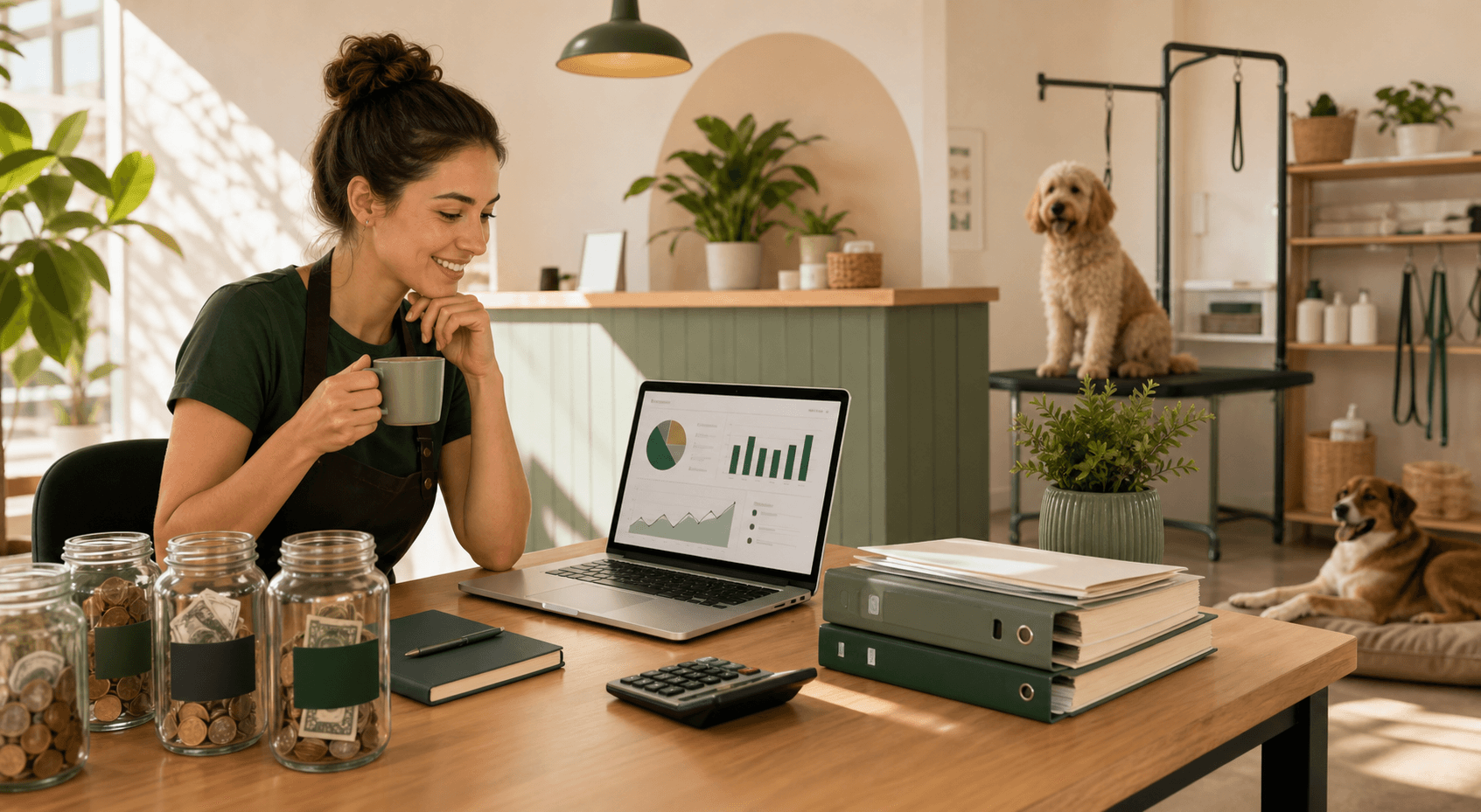 Dog-care business owner reviewing cash flow and bookkeeping